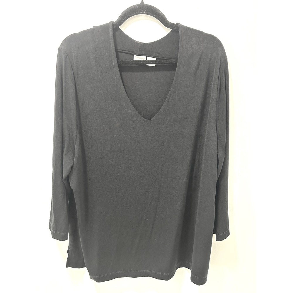 Chicos Travelers Black V-Neck 3/4 Sleeve Top Size 4 US 20/22 Acetate Blend